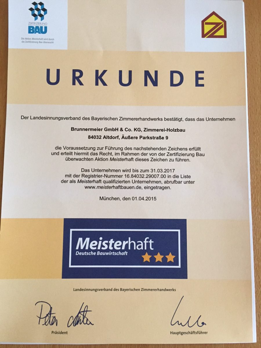 Urkunde Zimmerei S. Brunnermeier "Meisterhaft" Deutsche Bauwirtschaft